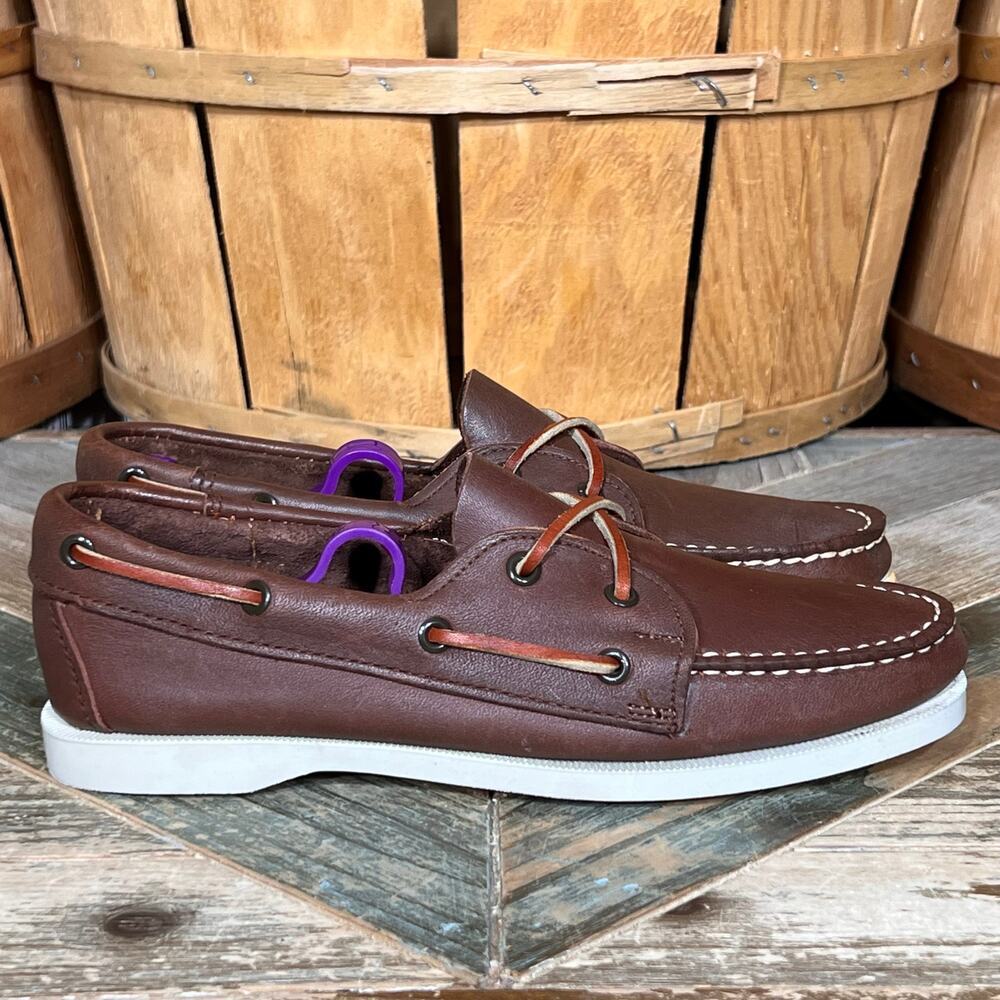 Thom McAn Authentic 2 Eye Brown Leather Vintage USA Boat Shoes Youth Boys Size 4